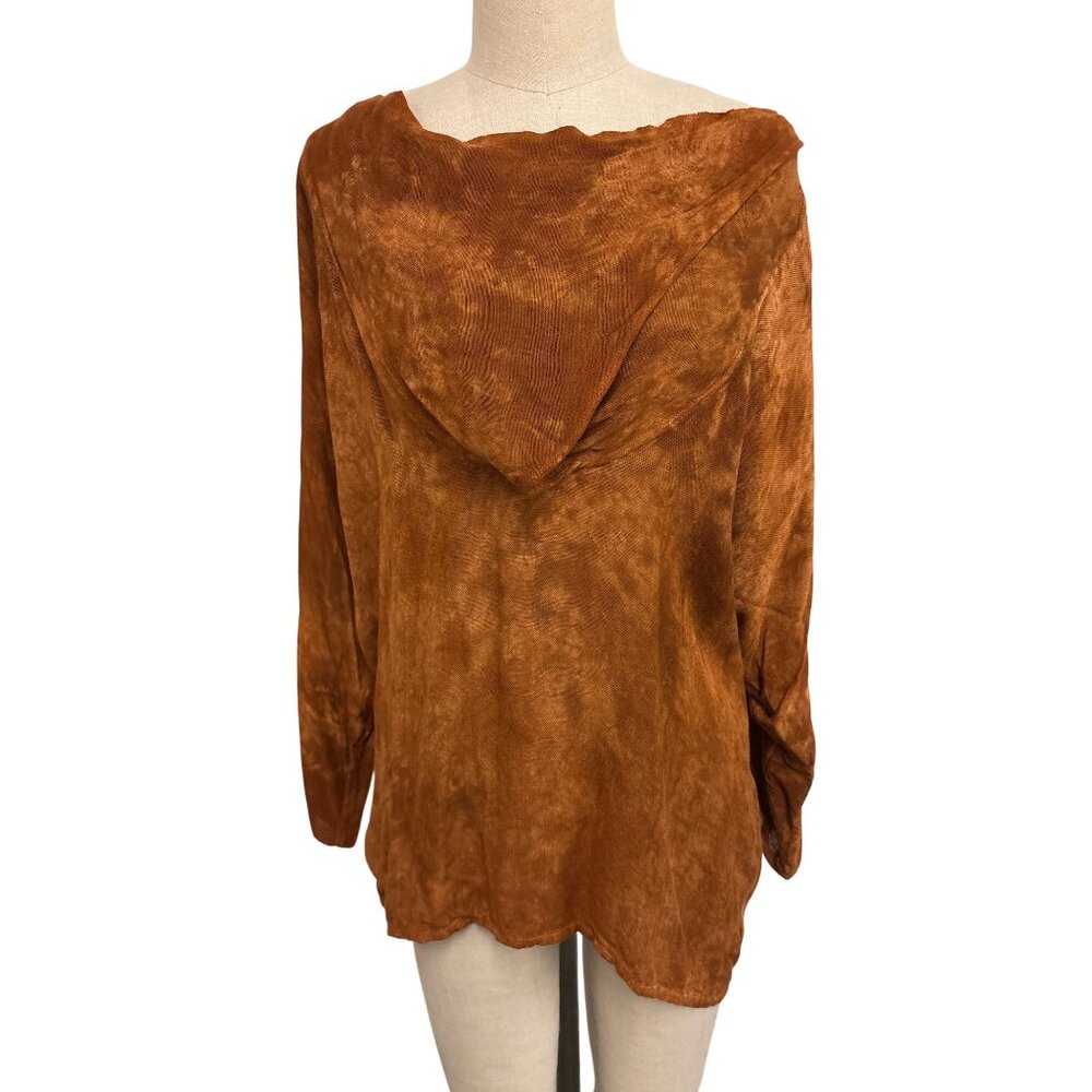 Vintage-Style Rust Brown Hooded Pullover Top M